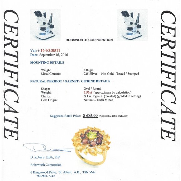 .925 Sterling Silver/14kt Gold Peridot/Garnet/Citrine Ring Size 7.5 Value $685 - Picture 7 of 9